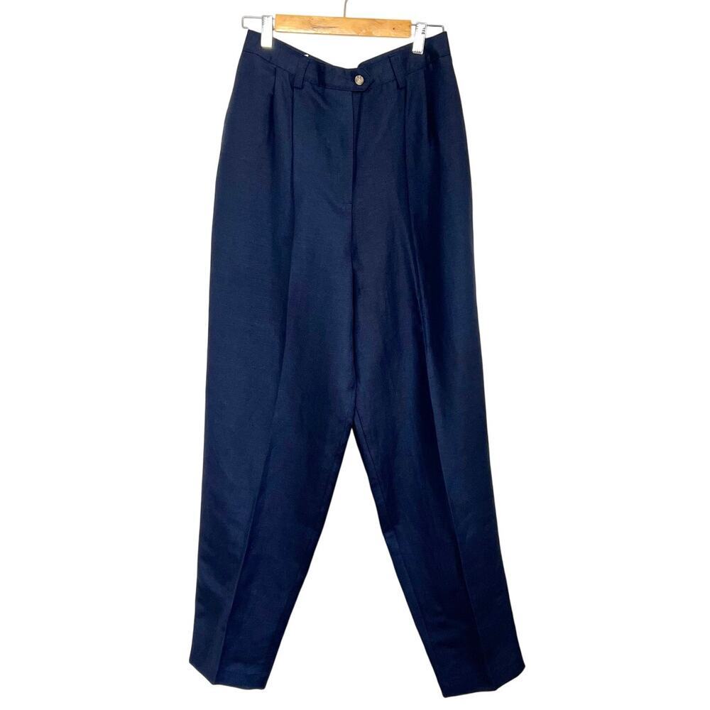 Vintage 90s Land’s End Women's Navy Linen High‎ Waist Trouser Pants 10 Tall USA